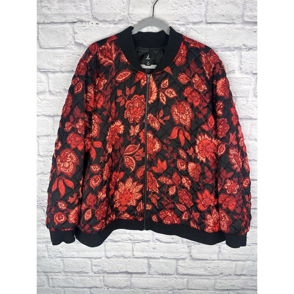 JASON WU Women's Black Red Floral Quilted Full Zip Jacket 3X
